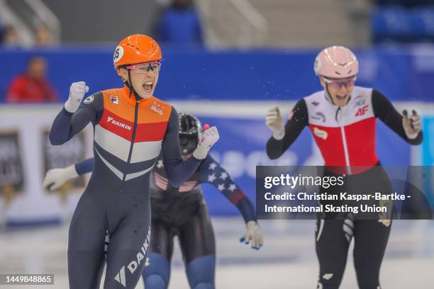 Suzanne Schulting of Netherlands celebrates after winning Women’s 500m Final A race during the ISU World Cup Short Track at Halyk Arena on December...