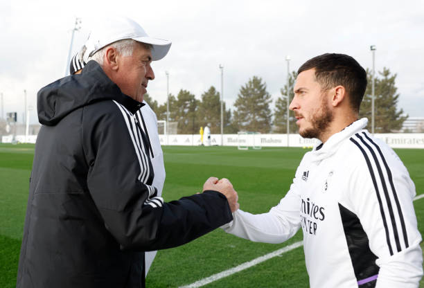 Carlo Ancelotti, coach of Real Madrid, welcome Eden Hazard at Valdebebas training ground on December 17, 2022 in Madrid, Spain.