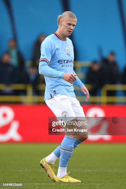 Erling Haaland of Manchester City in action during the friendly match between Manchester City and Girona at Manchester City Academy Stadium on...