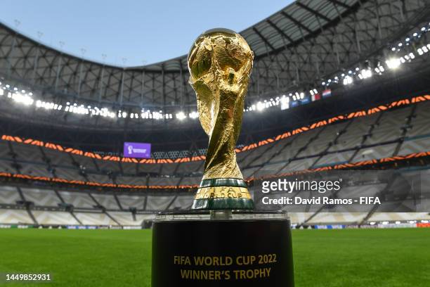 The World Cup trophy pictured inside Lusail Stadium on December 14, 2022 in Lusail City, Qatar. USAGE INSTRUCTIONS The FIFA World Cup Winner's trophy...