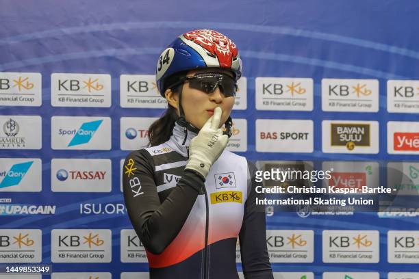 Kim Gilli of Korea reacts during presentation before Women’s 1500m Final A race during the ISU World Cup Short Track at Halyk Arena on December 17,...
