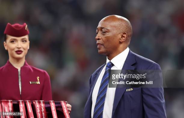 President of the Confederation of African Football Patrice Motsepe attends the ceremony following the FIFA World Cup Qatar 2022 3rd Place match...