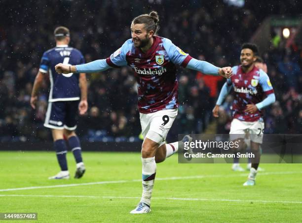 Jay Rodriguez of Burnley celebrates after teammate Manuel Benson scores their side's second goal during the Sky Bet Championship between Burnley and...