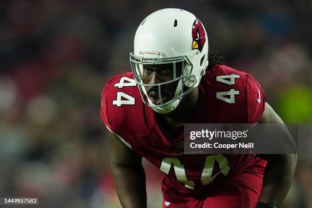 Markus Golden of the Arizona Cardinals gets set against the New England Patriots at State Farm Stadium on December 12, 2022 in Glendale, Arizona.