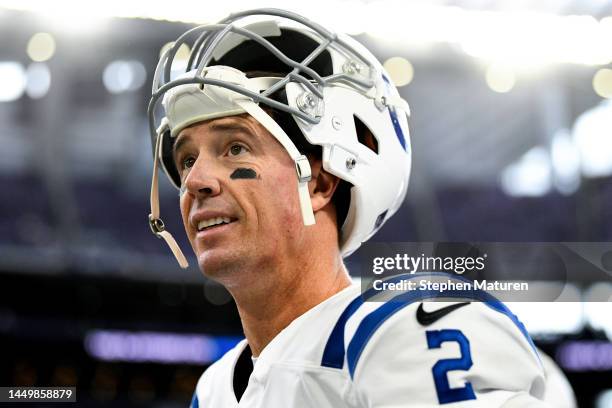 Matt Ryan of the Indianapolis Colts looks on during pregame warm-ups prior to playing the Minnesota Vikings at U.S. Bank Stadium on December 17, 2022...