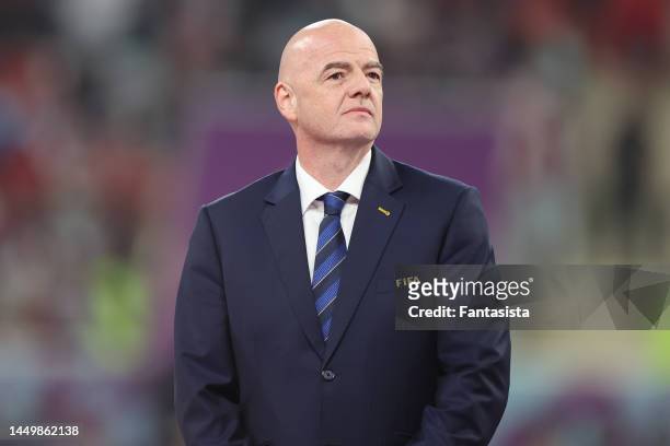 Gianni Infantino President of FIFA looks on during the 3rd place medal ceremony following the final whistle of the FIFA World Cup Qatar 2022 3rd...