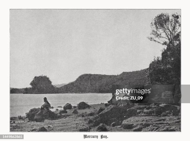 mercury bay, north island of new zealand, halftone print, 1899 - mercury transit stock illustrations