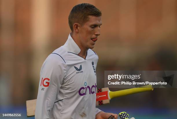 Zak Crawley of England leaves the field after being dismissed during the first day of the third Test between Pakistan and England at Karachi National...