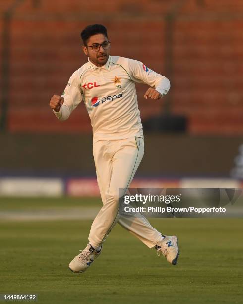 Abrar Ahmed of Pakistan celebrates after dismissing Zak Crawley during the first day of the third Test between Pakistan and England at Karachi...