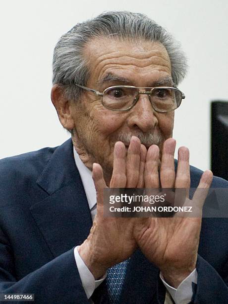Guatemalan former de facto president and retired General, Jose Efrain Rios Montt, speak with journalist after a hearing regarding the massacre of 201...