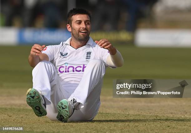 Mark Wood of England looks on during the first day of the third Test between Pakistan and England at Karachi National Stadium on December 17, 2022 in...