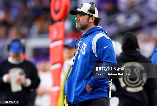 Head coach Jeff Saturday of the Indianapolis Colts looks on during the first half of the game against the Minnesota Vikings at U.S. Bank Stadium on...