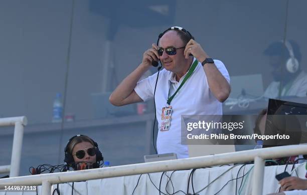 Jonathan Agnew and Alex Hartley of BBC Test Match Special look on from their broadcasting position on the first day of the third Test between...