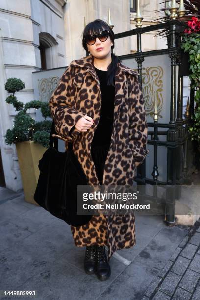 Daisy Lowe arriving at a festive brunch at The Aubrey Restaurant in Knightsbridge on December 17, 2022 in London, England.