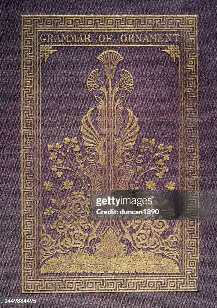 grammar of ornament book cover design, art nouveau, gold embossed floral pattern with meander or greek key border - books border stock illustrations