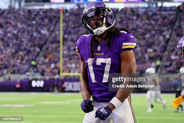 Osborn of the Minnesota Vikings celebrates after scoring a touchdown against the Indianapolis Colts during the third quarter of the game at U.S. Bank...