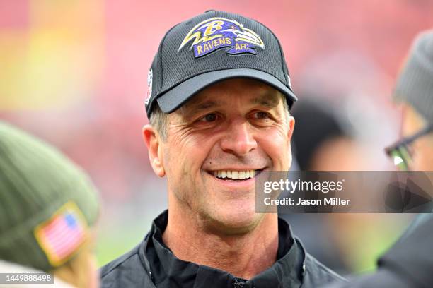 Head coach John Harbaugh of the Baltimore Ravens looks on prior to the game against the Cleveland Browns at FirstEnergy Stadium on December 17, 2022...