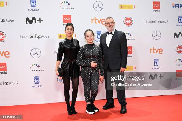 Pablo Carbonell, Mafalda Carbonell and Maria Arellano attend the red carpet at the 28th Forque Awards at Palacio Municipal de IFEMA on December 17,...