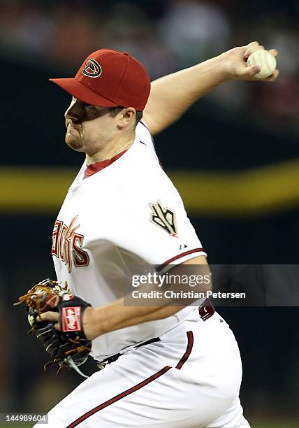 Relief pitcher Bryan Shaw of the Arizona Diamondbacks pitches against the Los Angeles Dodgers during the MLB game at Chase Field on May 21, 2012 in...