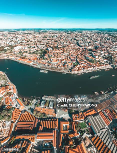 drone view of the porto city and douro river in portugal - porto portugal wine stock pictures, royalty-free photos & images
