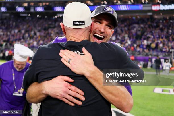 Kirk Cousins of the Minnesota Vikings celebrates on the field after defeating the Indianapolis Colts at U.S. Bank Stadium on December 17, 2022 in...