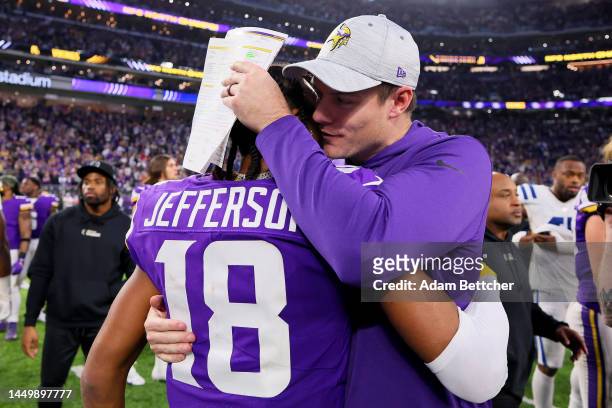 Head coach Kevin O'Connell of the Minnesota Vikings and Justin Jefferson of the Minnesota Vikings embrace after defeating the Indianapolis Colts at...