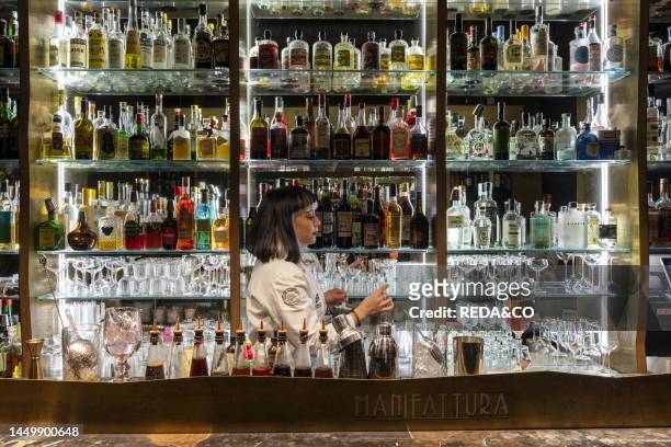 Bar counter of Manifattura Cocktail Bar in Florence, located in the Oltrarno district, in the historic center of Florence in Tuscany, Italy, located...