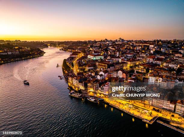 drone view of landscape view on the old town in porto, portugal - douro river stockfoto's en -beelden
