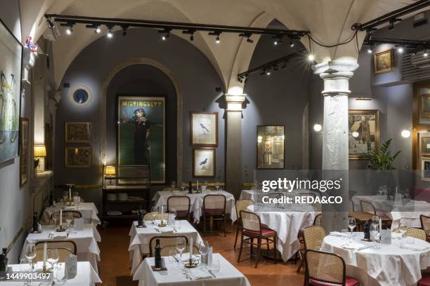 Main room of Regina Bistecca, a restaurant specializing in traditional Florentine cuisine located in the Oltrarno district, a district of the...