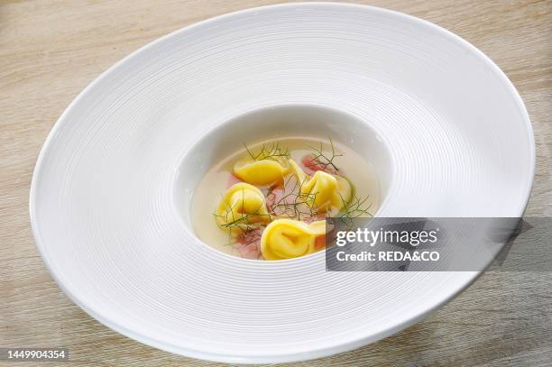 Tortelli with goat ricotta, infusion of wild fennel and tuna belly, Tortelli di ricotta di capra, infuso di finocchietto selvatico e ventresca di...