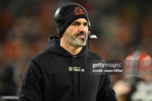 Head coach Kevin Stefanski of the Cleveland Browns looks on against the Baltimore Ravens during the second quarter at FirstEnergy Stadium on December...