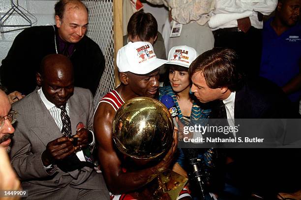 June 12: Michael Jordan of the Chicago Bulls is interviewed by Bob Costas after winning the 1991 NBA Championship against the Los Angeles Lakers in...