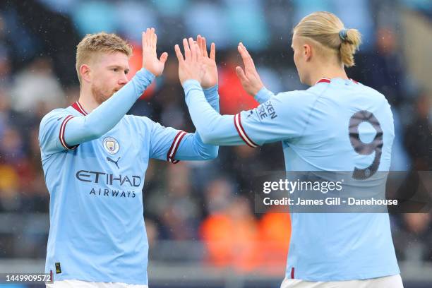 Kevin De Bruyne of Manchester City celebrates with Erling Haaland after scoring his side's first goal during the friendly match between Manchester...