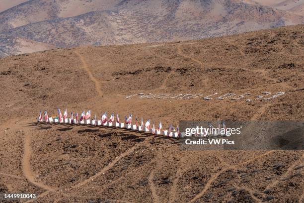 Monument with 33 flags at the San Jose Mine near Copiapo, Chile, site of the rescue of thirty-three trapped miners in 2010.