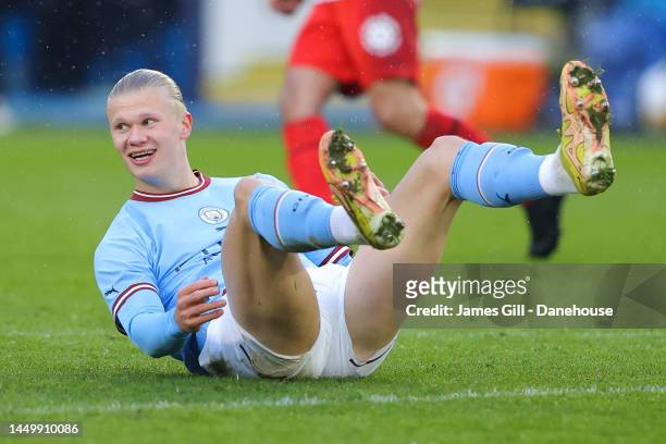 Erling Haaland of Manchester City reacts during the friendly match between Manchester City and Girona at Manchester City Academy Stadium on December...