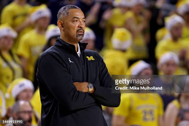 Juwan Howard head coach of the Michigan Wolverines looks on in the second half of a game against the Lipscomb Bisons at Crisler Arena on December 17,...