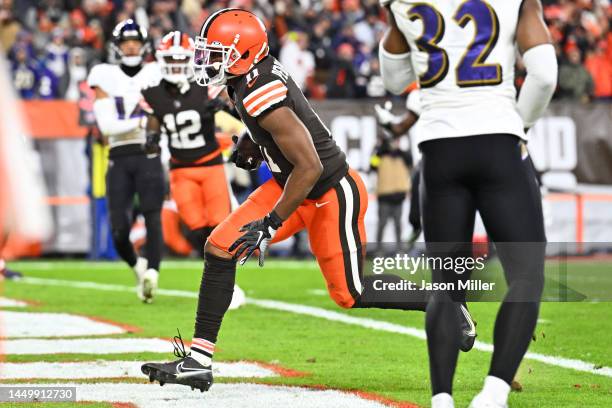 Donovan Peoples-Jones of the Cleveland Browns scores a touchdown against the Baltimore Ravens during the third quarter at FirstEnergy Stadium on...