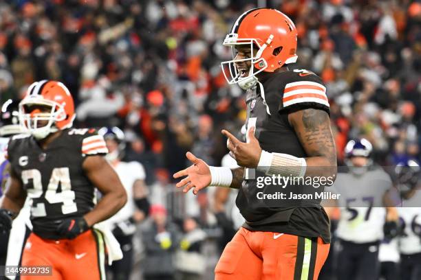 Deshaun Watson of the Cleveland Browns celebrates following his touchdown pass against the Baltimore Ravens during the third quarter at FirstEnergy...