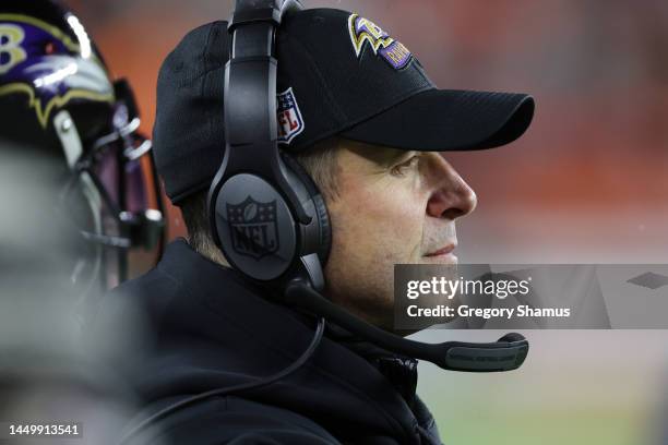 Head coach John Harbaugh of the Baltimore Ravens looks on during the third quarter against the Cleveland Browns at FirstEnergy Stadium on December...