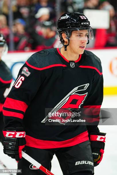 Teuvo Teravainen of the Carolina Hurricanes warms up prior to the game against the Dallas Stars at PNC Arena on December 17, 2022 in Raleigh, North...