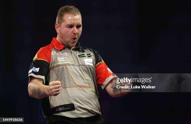 Dimitri Van den Bergh of Belgium celebrates during his Second Round Match against Lourence Gregorio of Philippinesduring Day Three of The Cazoo World...