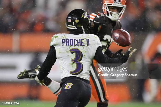 James Proche II of the Baltimore Ravens is unable to make a catch on fourth down against the Cleveland Browns during the fourth quarter at...