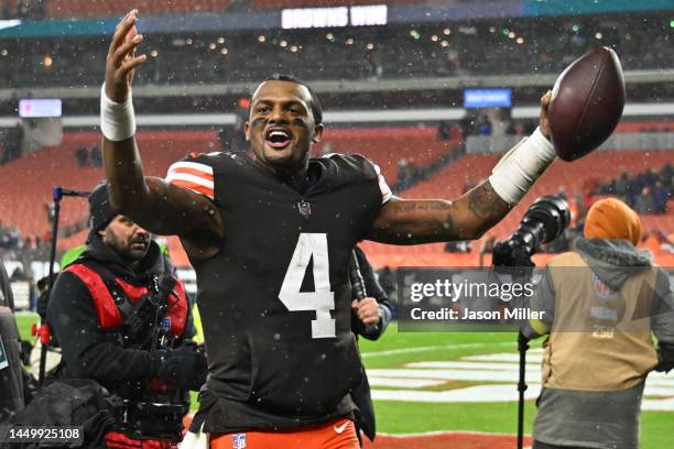 Deshaun Watson of the Cleveland Browns celebrates after his team's 13-3 victory Baltimore Ravens at FirstEnergy Stadium on December 17, 2022 in...