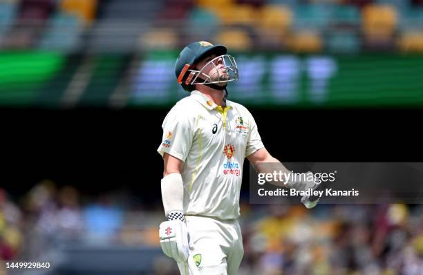 Travis Head of Australia looks dejected after losing his wicket during day two of the First Test match between Australia and South Africa at The...