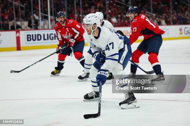 Pierre Engvall of the Toronto Maple Leafs looks to shoot the puck against the Washington Capitals during the first period of the game at Capital One...