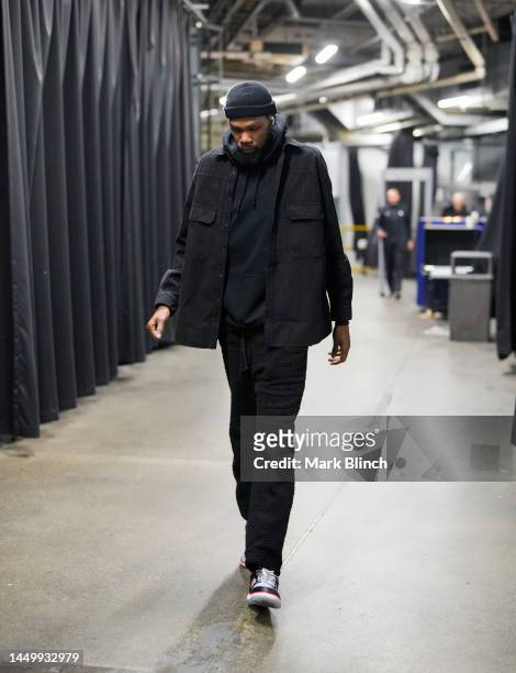 Kevin Durant of the Brooklyn Nets arrives to play the Toronto Raptors at the Scotiabank Arena on December 16, 2022 in Toronto, Ontario, Canada. NOTE...