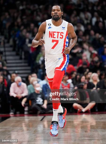 Kevin Durant of the Brooklyn Nets looks on against the Toronto Raptors during the first half of their basketball game at the Scotiabank Arena on...