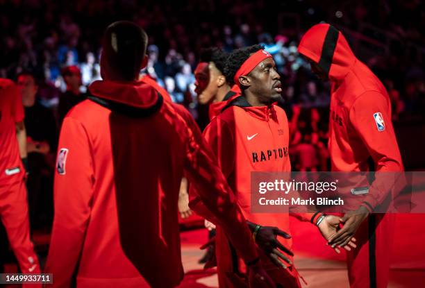 Pascal Siakam of the Toronto Raptors is introduced before playing the Brooklyn Nets in their basketball game at the Scotiabank Arena on December 16,...