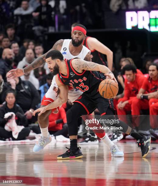 Fred VanVleet of the Toronto Raptors drives against the Brooklyn Nets during the first half of their basketball game at the Scotiabank Arena on...