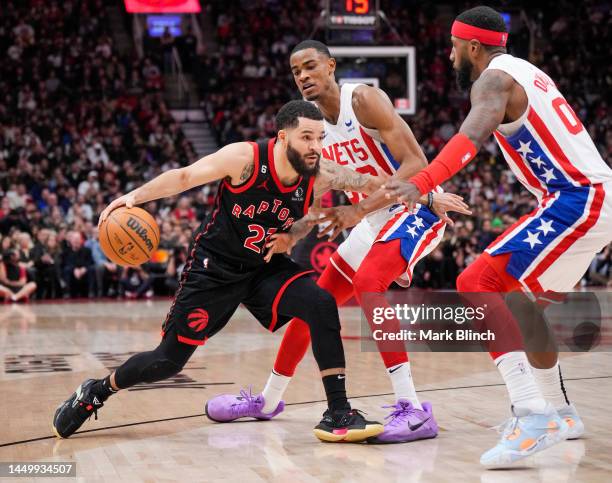 Fred VanVleet of the Toronto Raptors drives against the Brooklyn Nets during the second half of their basketball game at the Scotiabank Arena on...